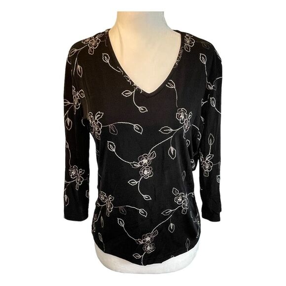 Y2K Briggs NY Embroidered Floral Print Blouse Black V-Neck 3/4 Sleeves M - Picture 1 of 6